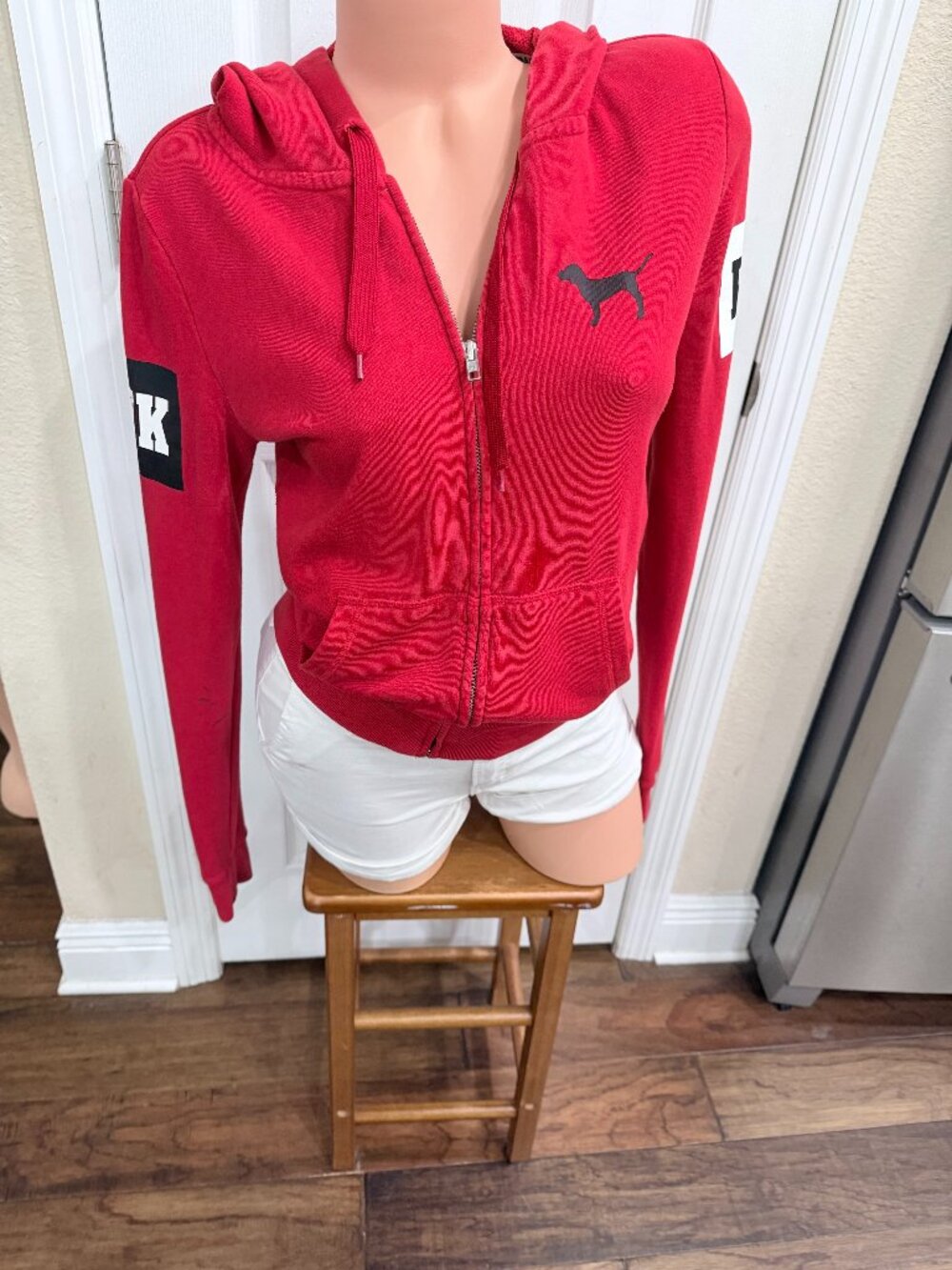 PINK Victoria’s Secret Red Dog Logo Full Zip Hoodie Small Y2K Varsity Read